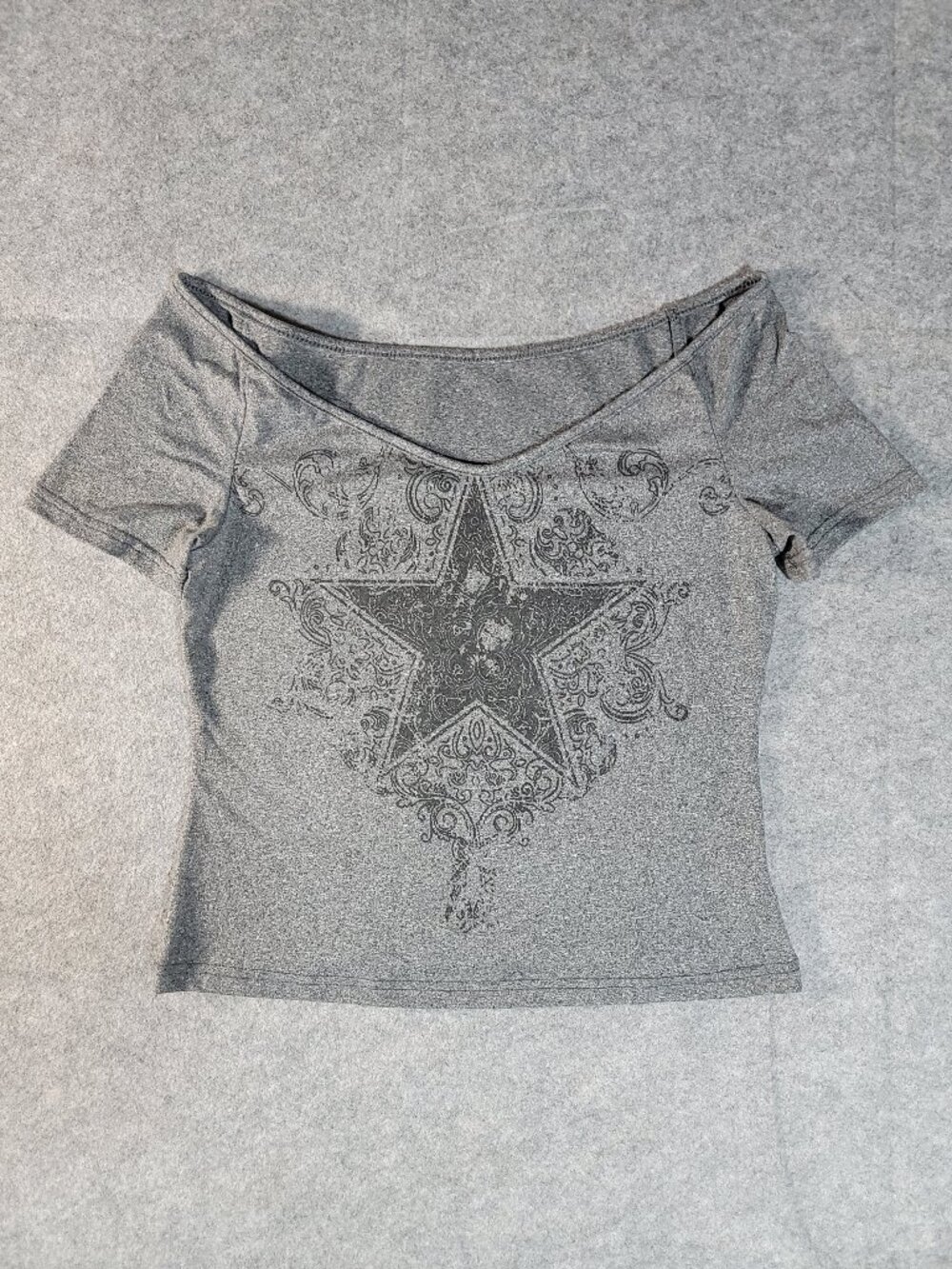 ROMWE Y2K-style Grunge Off The Shoulder Star Graphic Heather Grey Top XS/S